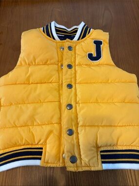 Janie and Jack Yellow Puffer Vest with Navy Trim and 'J' Patch